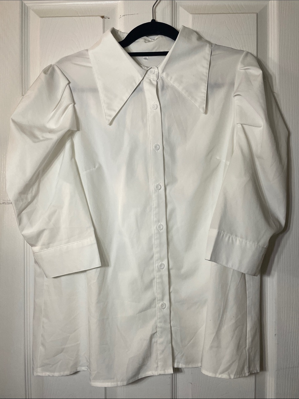 White Button-Up Blouse with Statement Collar and puff sleeves
